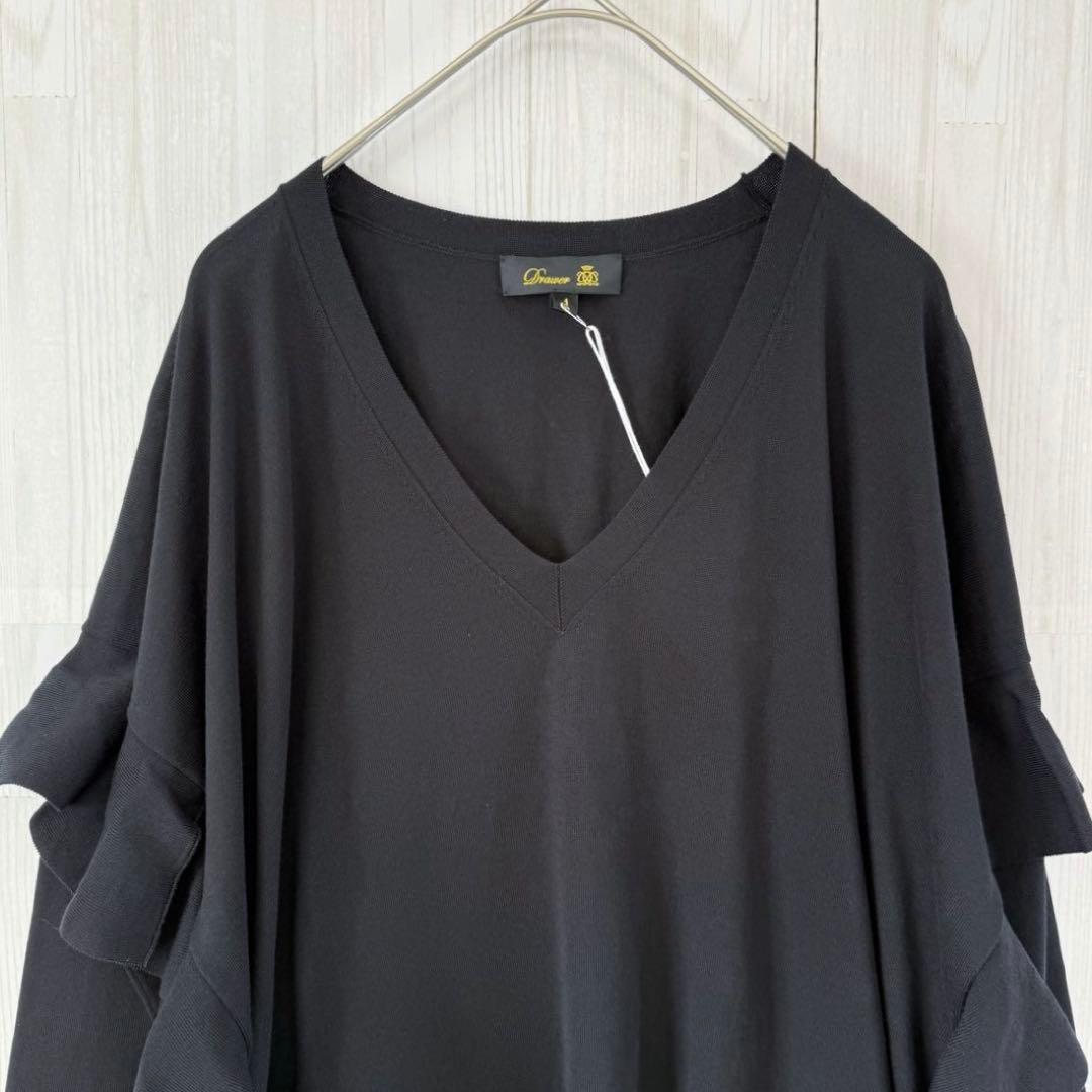 未使用 ドゥロワー 18G コットン Vネック フリル ニット セーター 黒