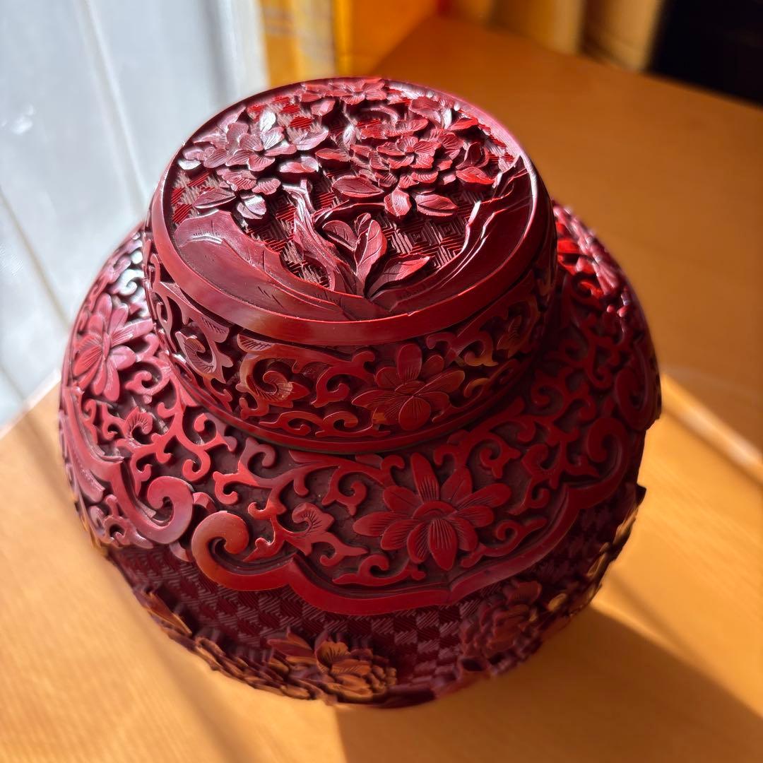 堆朱 蓋付き壺 中国美術 彫刻 骨董品 置物 昭和レトロ アンティーク 工芸品