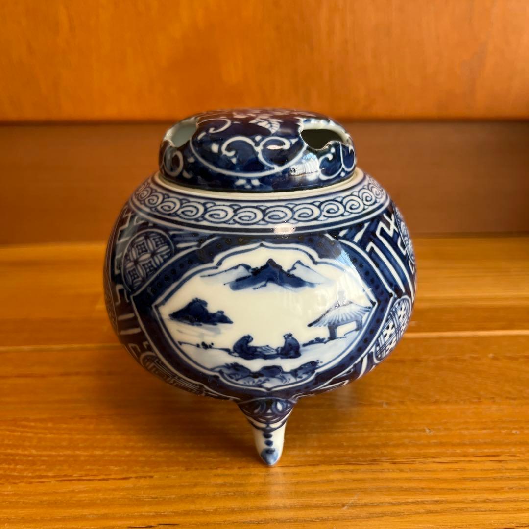 松泉 京都 日吉窯 染付山水 香炉