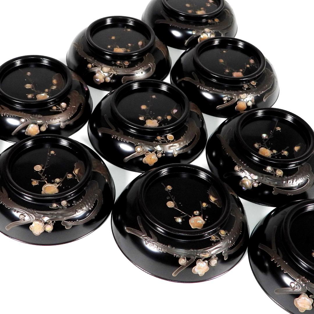 輪島塗 明治大正時期 蒔繪 鑲螺鈿 梅花雕 木製 吸物椀 10客 骨董