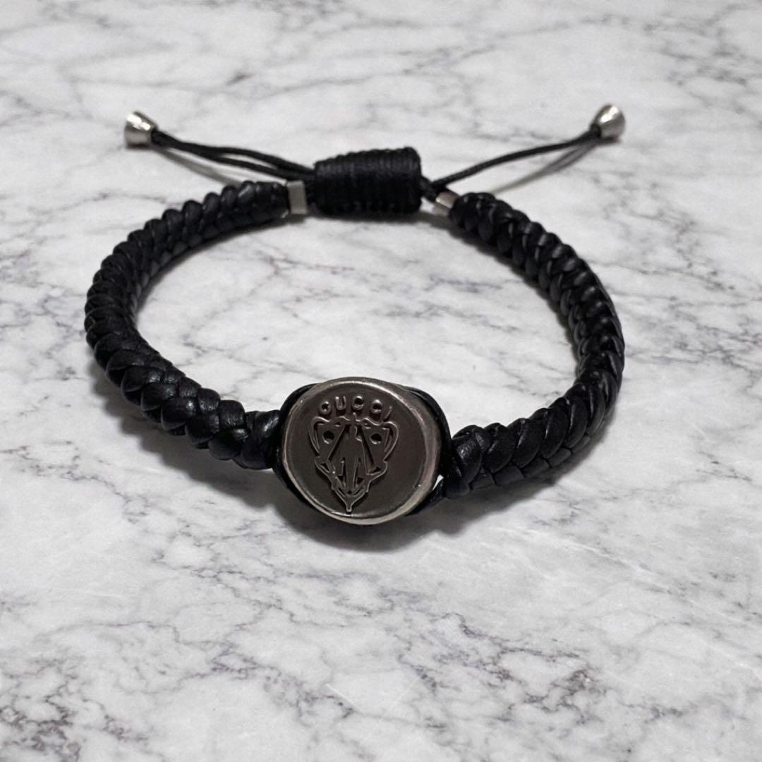 GUCCI グッチ クレスト エンブレム 編み込み レザー ブレスレット 925