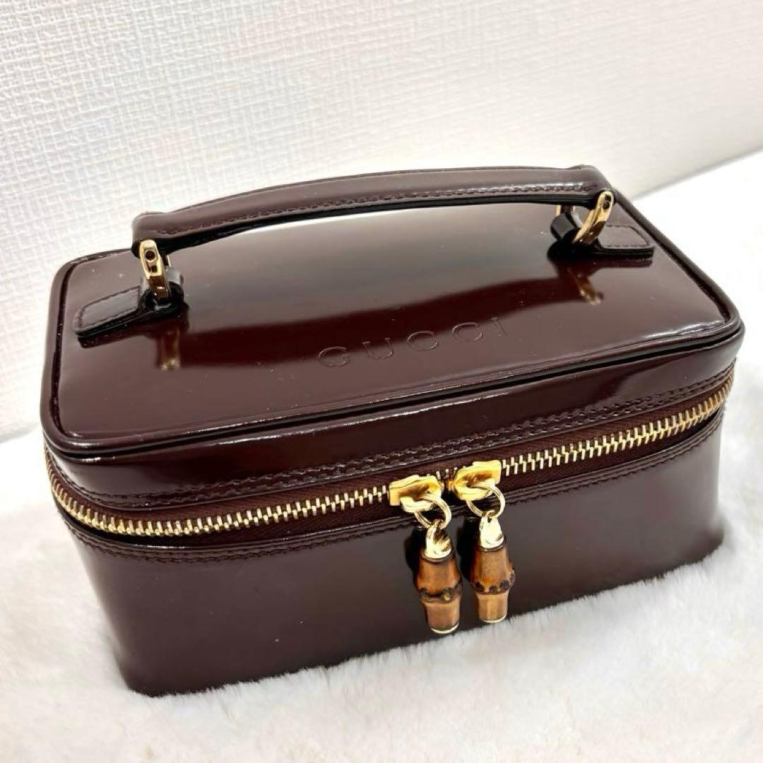 良品 グッチ バニティバッグ メイクバッグ 収納 エナメル ロゴ ブラウン