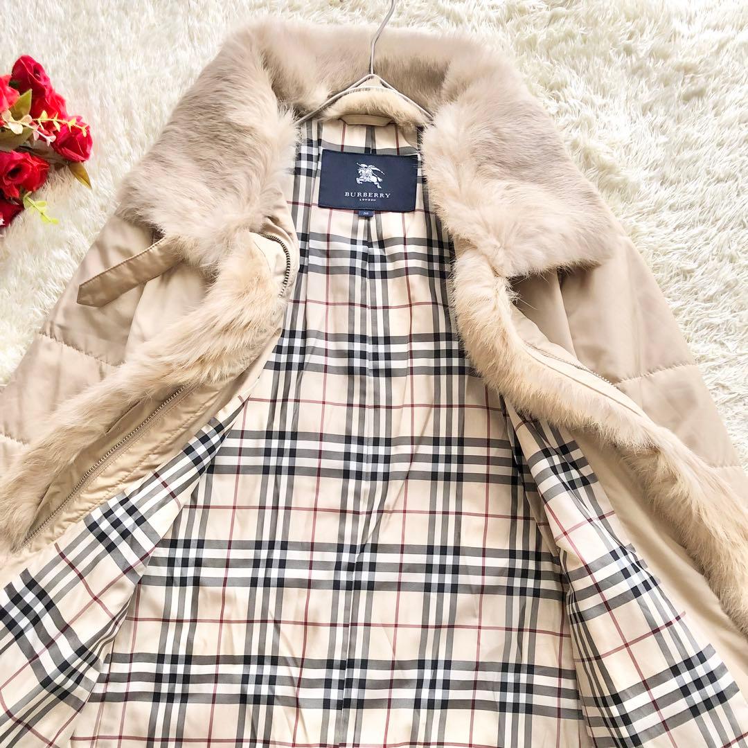 BURBERRY LONDON♪毛皮ノバチェック中綿コート M ラビット2way