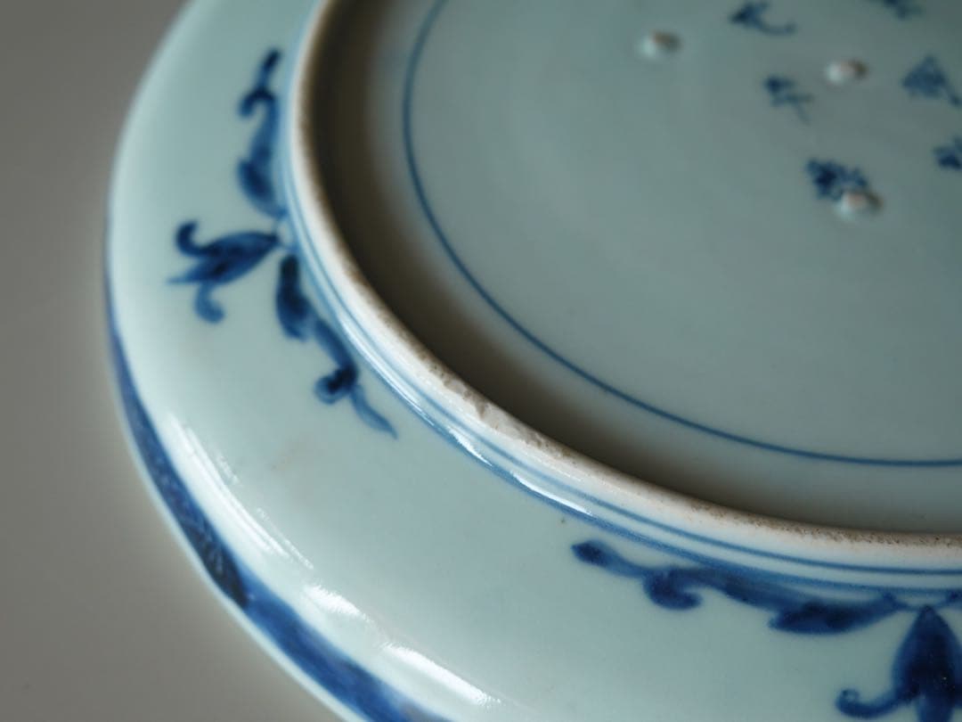 江戸時代 中期 古伊万里 染付 墨弾き 草花文 皿 6客 リム皿 七寸皿 中