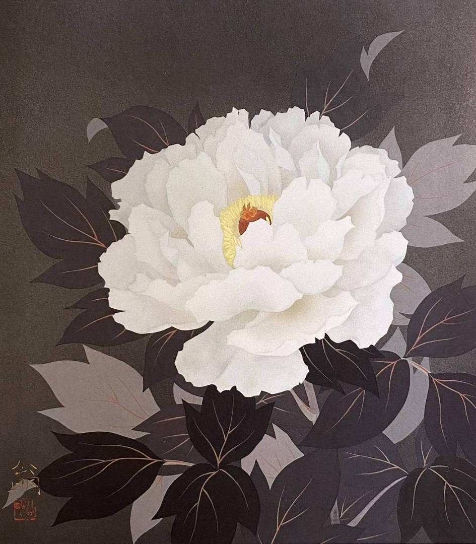 板倉公明、【白牡丹】、希少な額装用画集より、新品額装付、状態良好