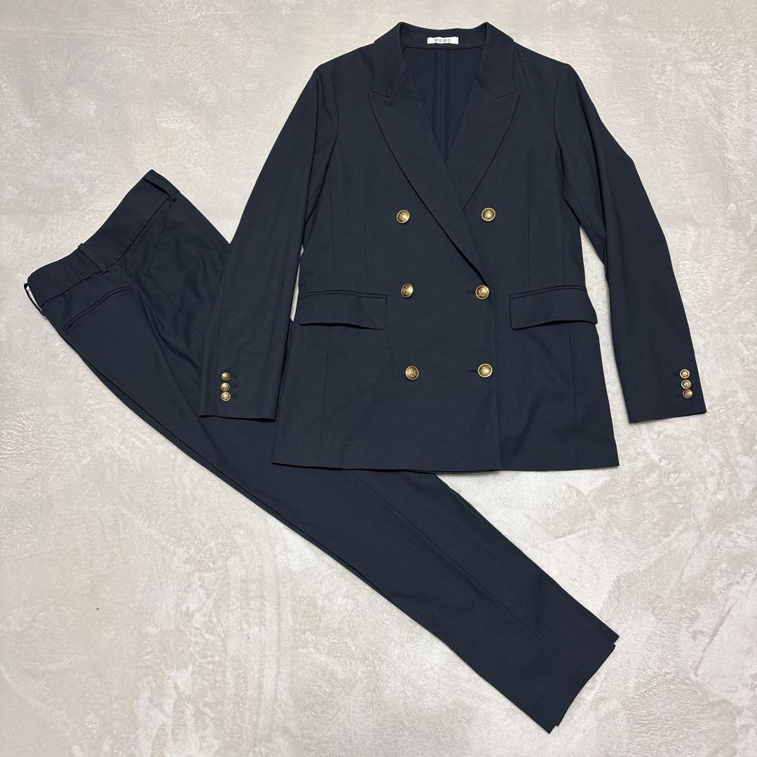 プラステ　セットアップ　ダブル　紺ブレ　金ボタン　リネン混　ネイビー　S 新品 PLST プラステ リネンブレンド ダブルブレストジャケット