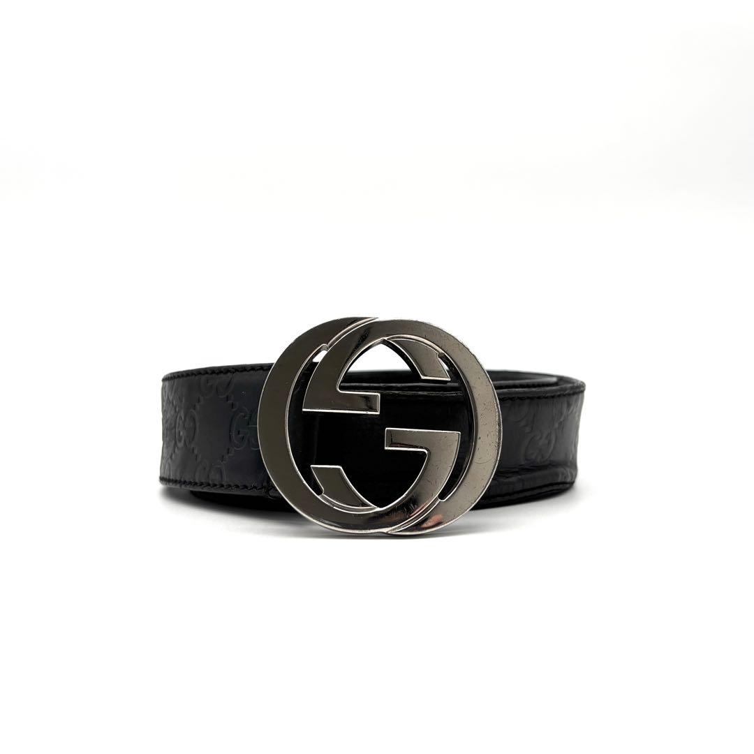 正規品 グッチ ベルト インターロッキング バックル シマレザー GG ブラック GUCCI（グッチ） ベルト GGレザー グッチシマ インターロッキングG