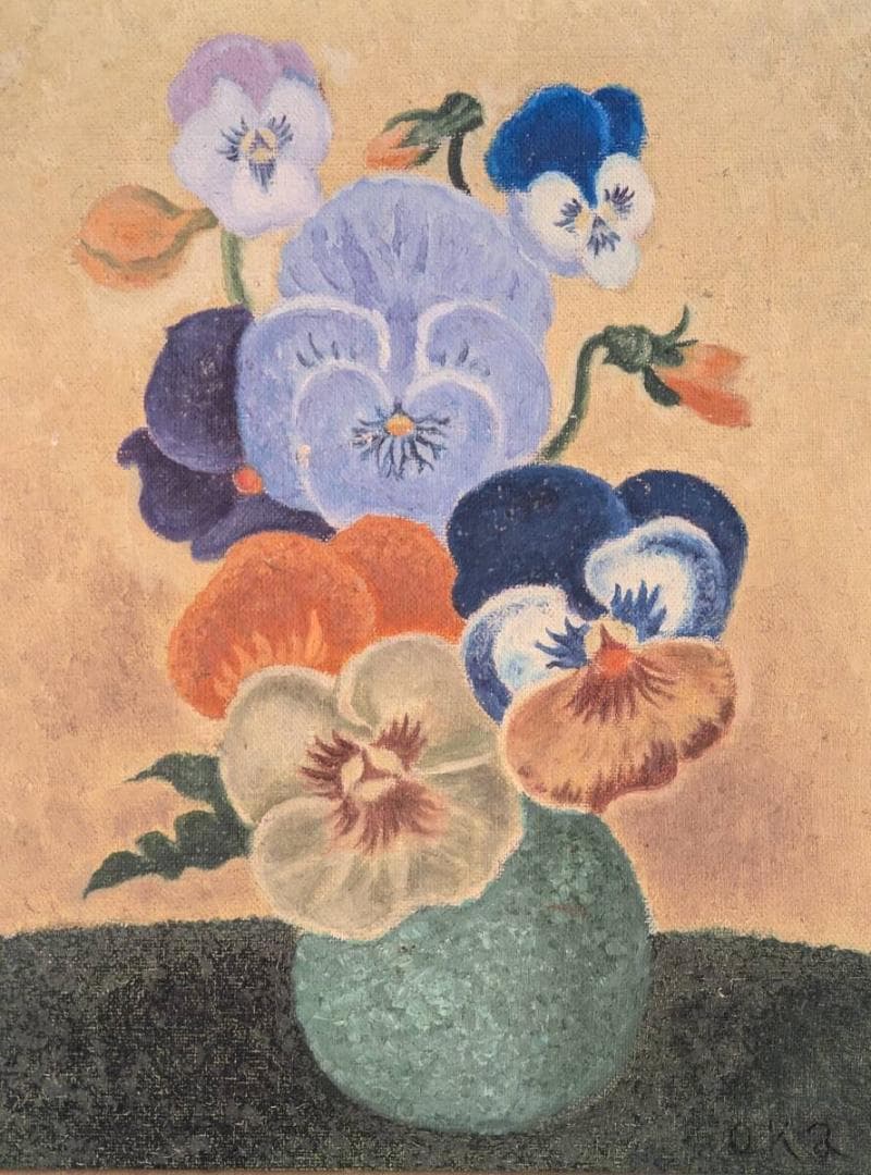 模写】絵画 岡鹿之助 油彩3号 パンジー 静謐な花の美しさ 品な色調 W39