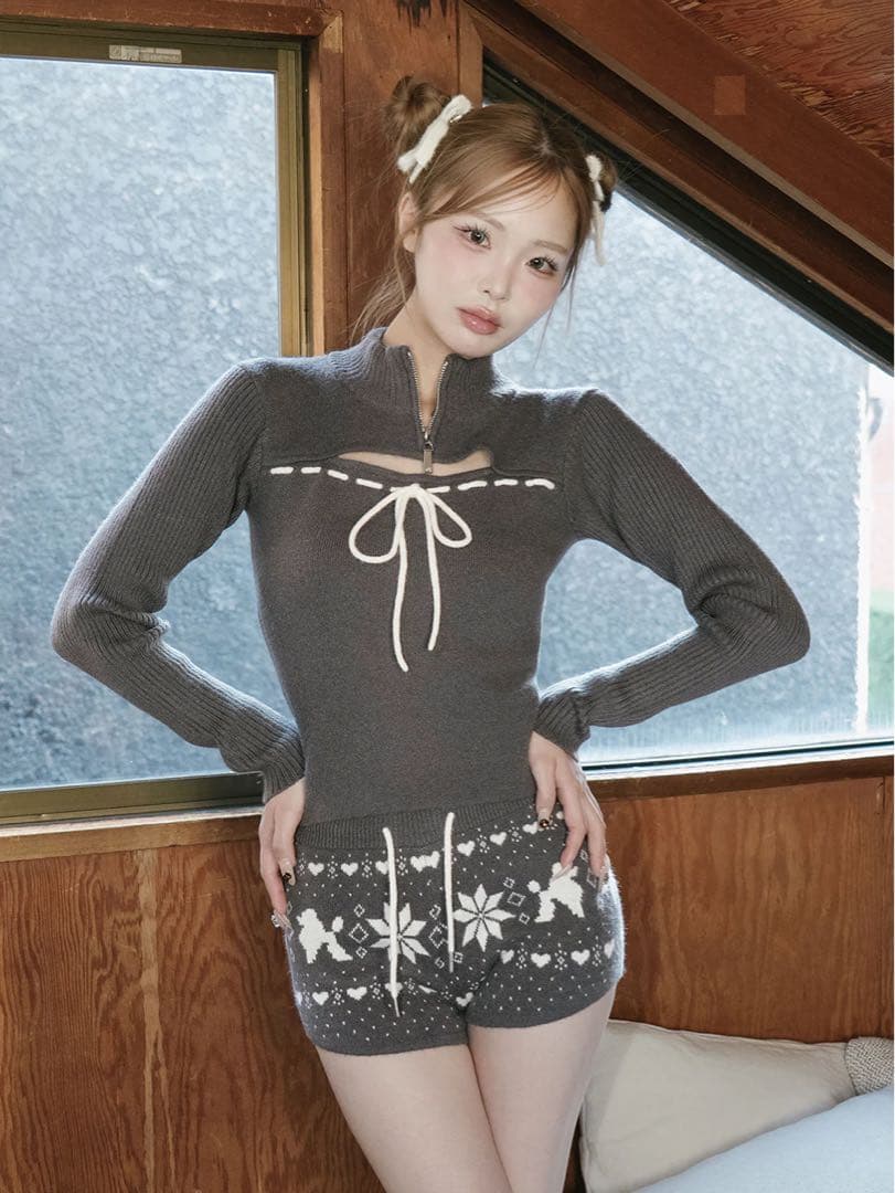 最終値下げ！ダーリッチ ステッチリボンオープンニットトップス グレー ダーリッチ Darich ステッチリボンオープンニットトップス （グレー