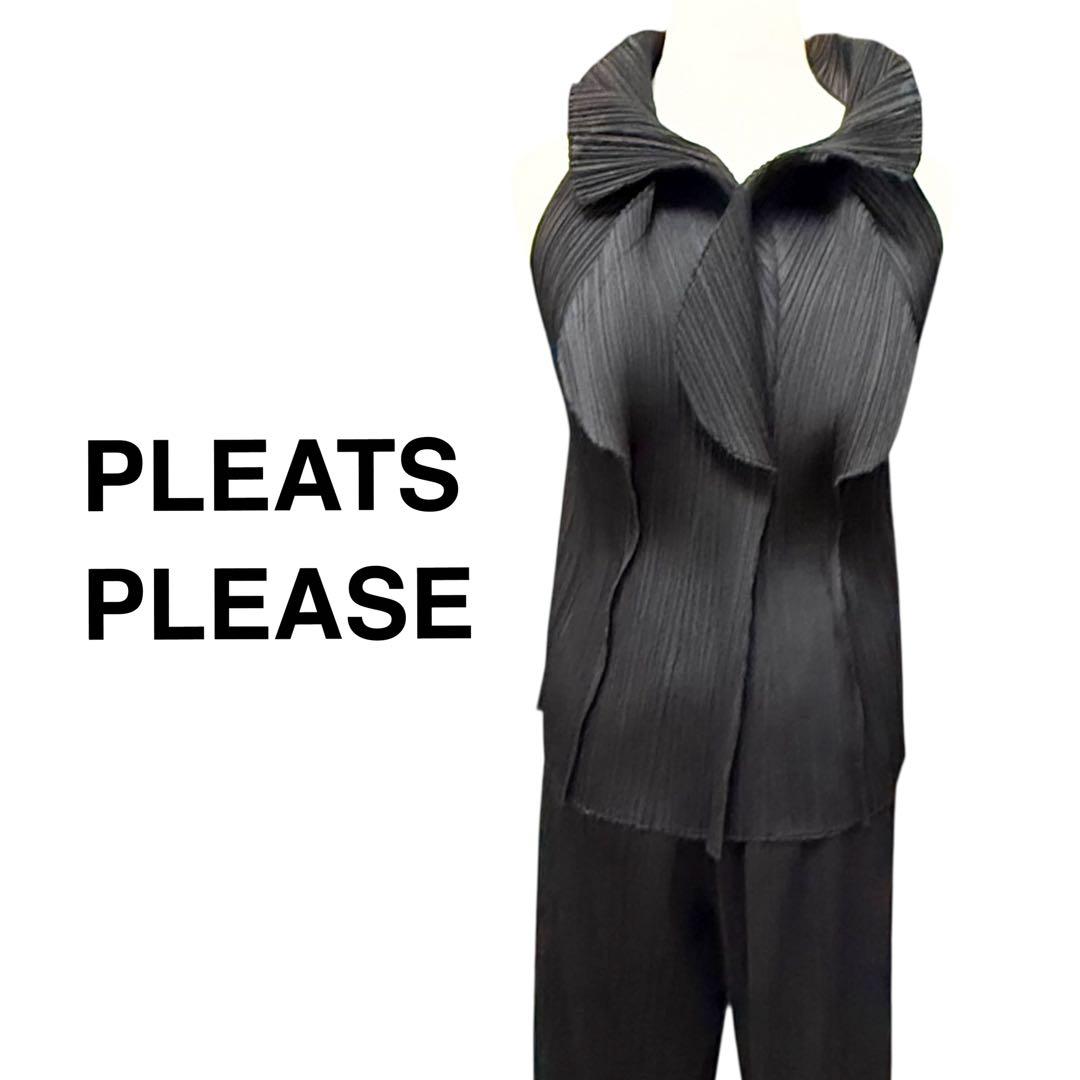 PLEATS PLEASE セットアップ フリルカラートップス×ワイドパンツ 黒