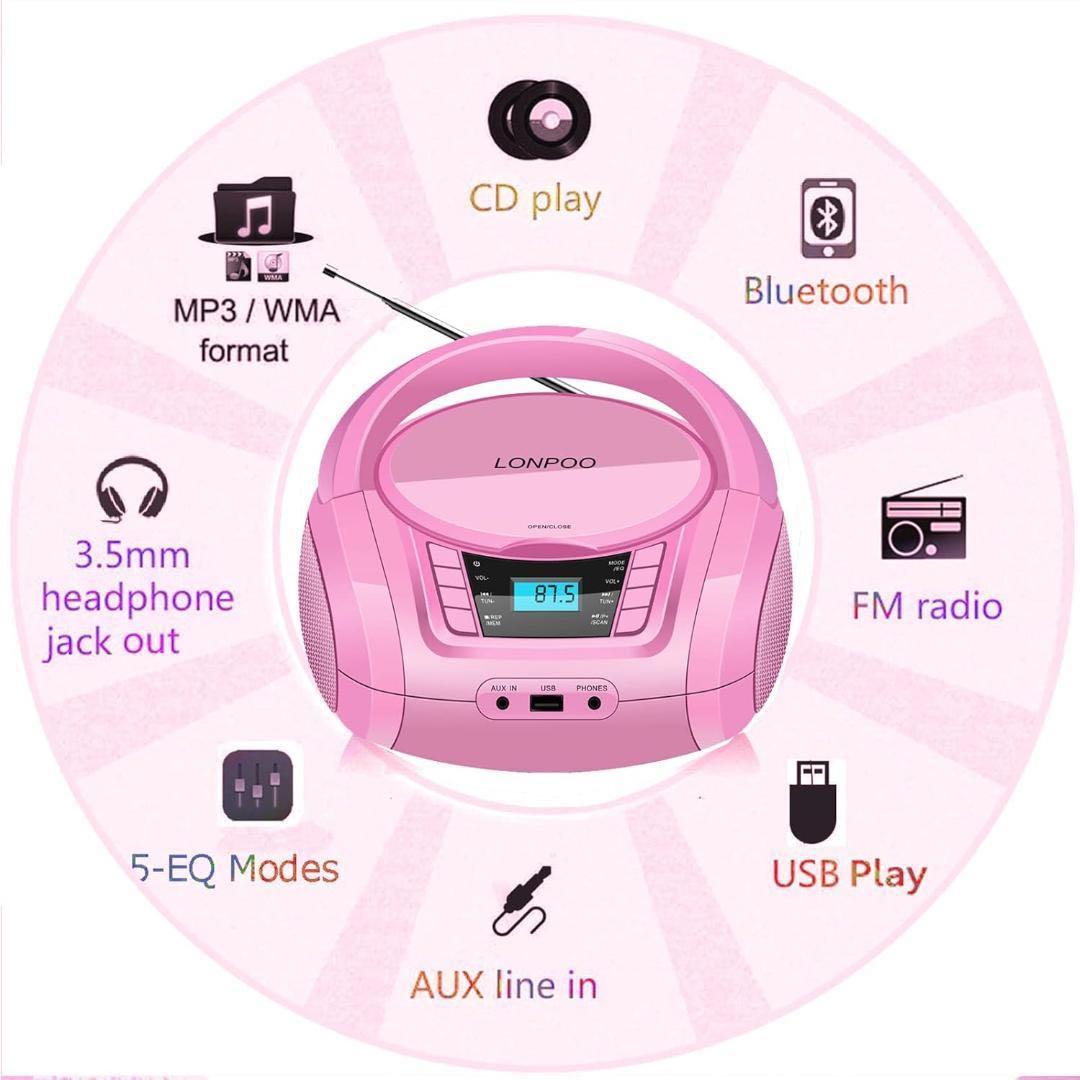 ステレオ CDプレーヤー FMラジオ MP3再生 USB/AUX入力 (ピンク)