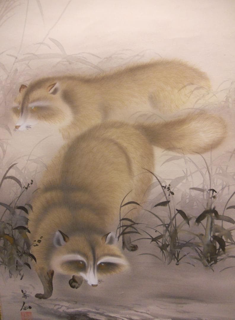 掛け軸 山田昇仙 『 狸之図 』 中島清堂 識箱 絹本 希少 茶道具 掛軸