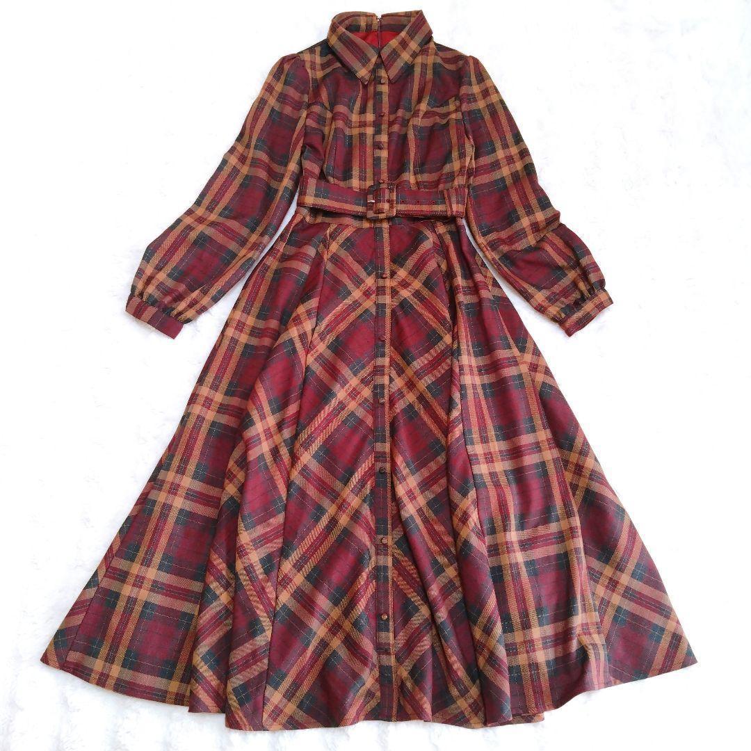 極美品☆エミリアウィズ ベルト付きチェックフレアワンピース S