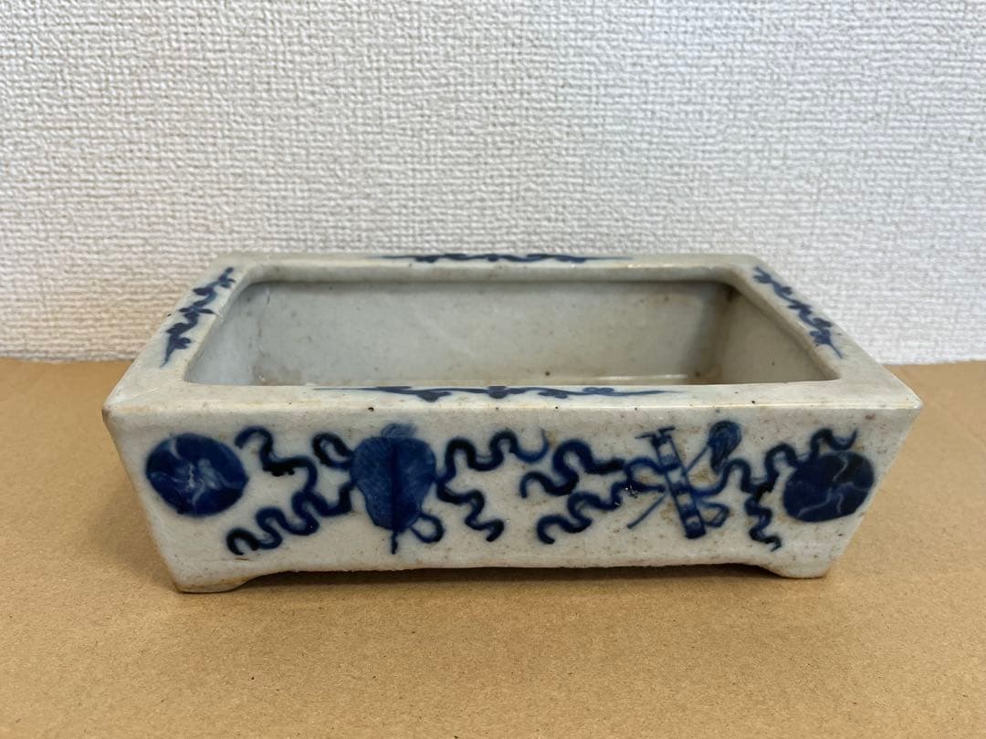 中国美術清時代 青花花卉丸文長方水盤 唐物水盤 植木鉢 盆栽鉢 盆器