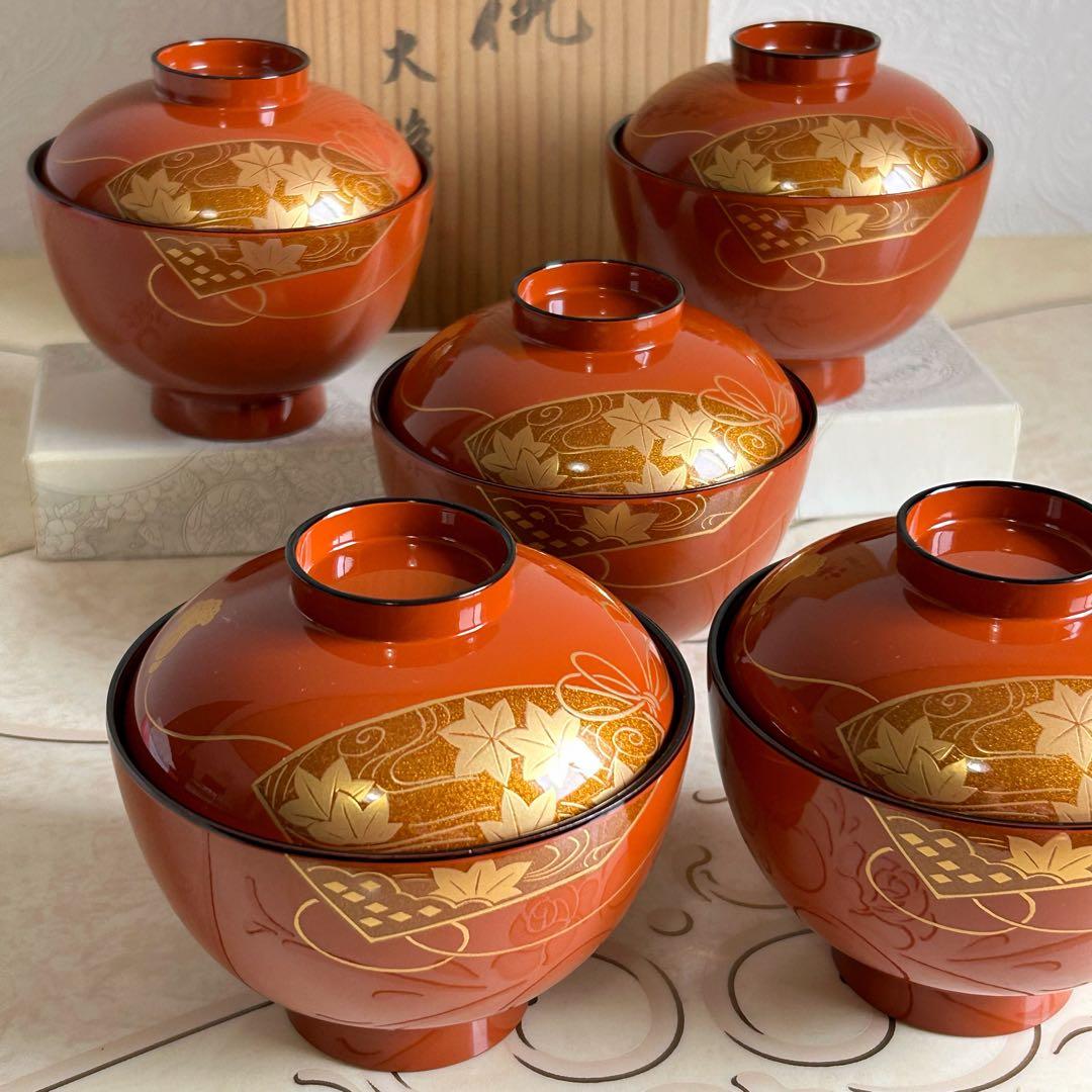 会津塗 金彩蒔絵扇紋 蓋付きお吸物椀 雑煮椀 お椀 5客セット 漆器 汁椀