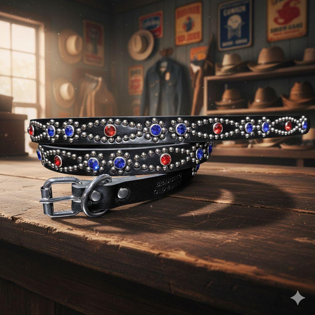 クロス赤青□本革レザーフルスタッズナローベルト☆ヴィンテージガーネット