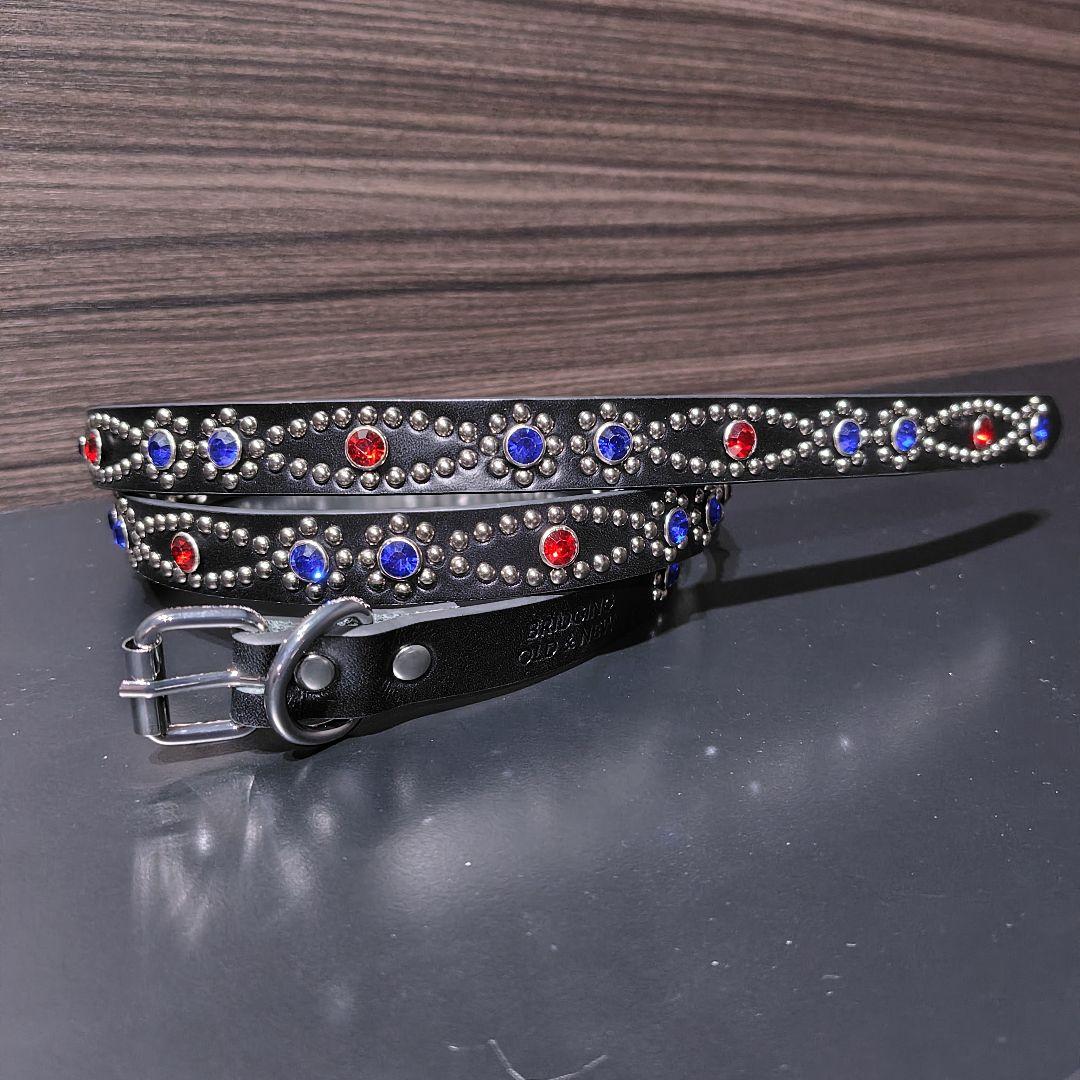 クロス赤青□本革レザーフルスタッズナローベルト☆ヴィンテージガーネット