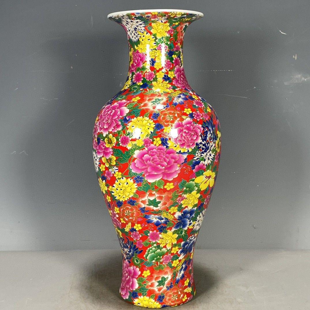 大清乾隆帝五彩花卉図案花瓶 景徳鎮 陶磁器 装飾品 現代工芸品美術品