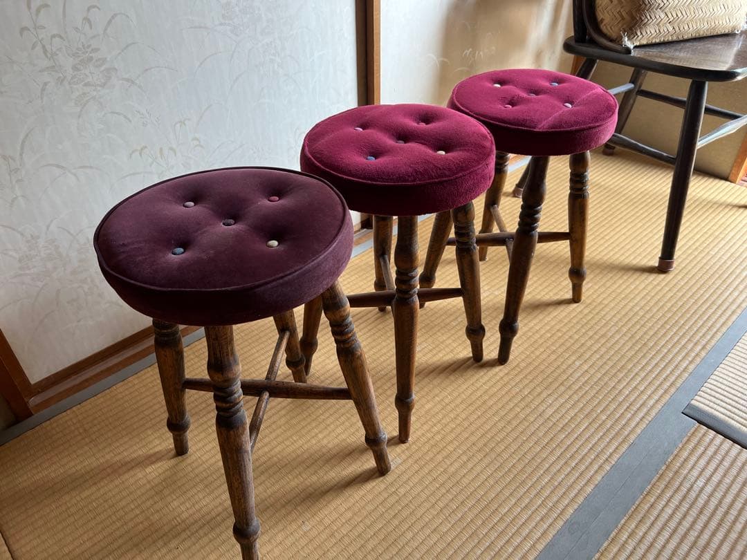 old maison アンティークチェア スツール 丸椅子 木製＋布貼り 3脚