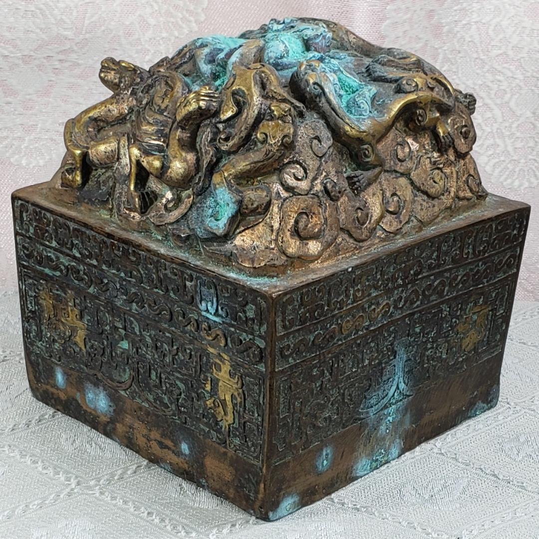 ◇『清朝 九龍 金銅璽（じ）：金銅印鑑』清朝時代皇帝印◇検）玉璽 乾隆