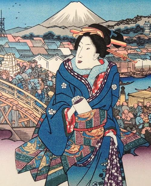 ○渓斎英泉○錦絵覆刻4枚/江戸日本橋・品川之駅・朝霞・芝金杉町比沙門