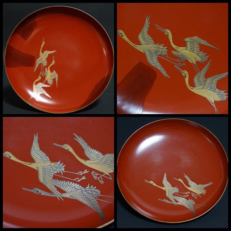 明治期 輪島塗 極上 金蒔絵『飛鶴』 盃台/三ツ組盃 揃 木製漆塗り 箱付