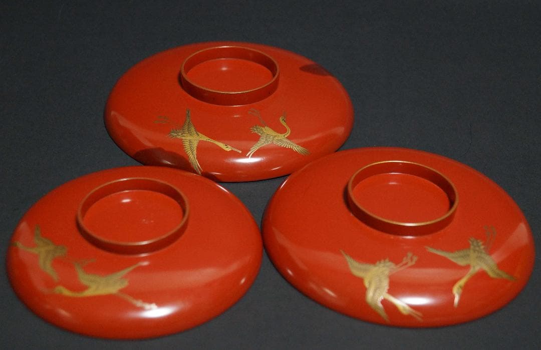 明治期 輪島塗 極上 金蒔絵『飛鶴』 盃台/三ツ組盃 揃 木製漆塗り 箱付