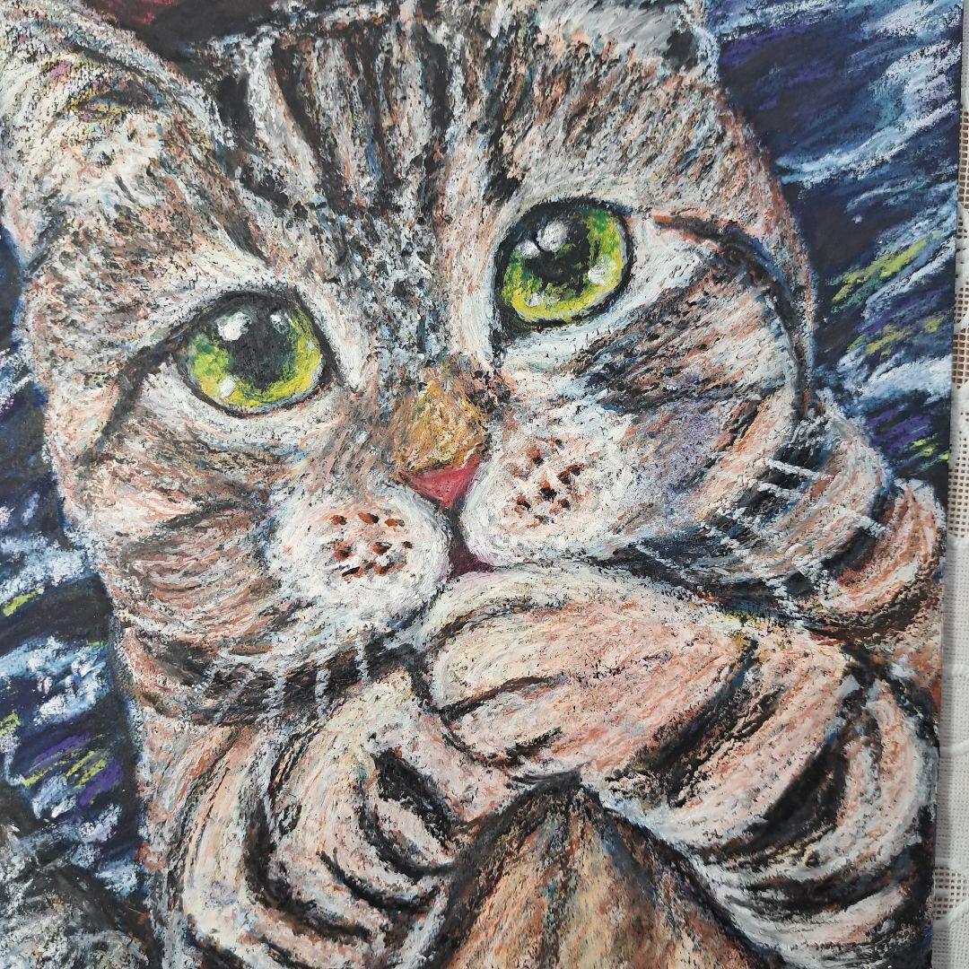 クレヨン画。パステル。26×18サイズ。ネコイラスト手書き原画。猫の