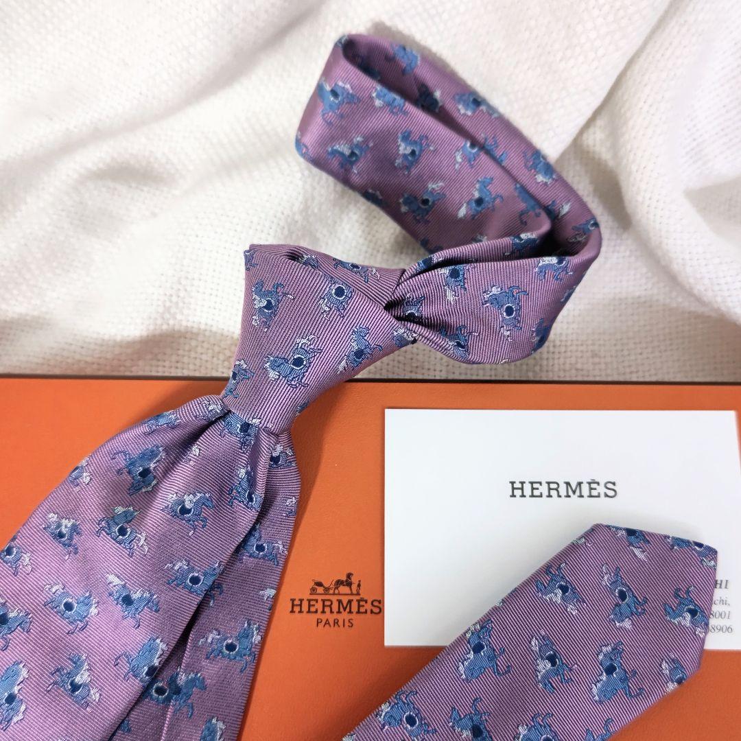 HERMESエルメス7cmクレイジーポニーシルクジャガードネクタイ紫