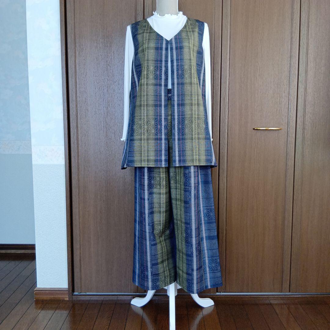 着物リメイク＊高級手織り紬 ロングベスト・ワイドパンツセットアップ