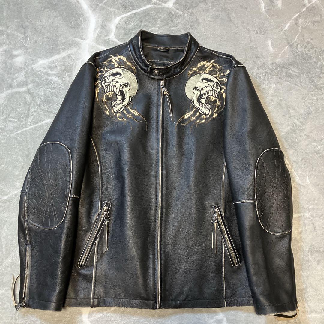 【美品】 Affliction シングルライダースジャケット スカル 刺繍 XL AFFLICTION アフリクション レザージャケット ビンテージ加工 スカル