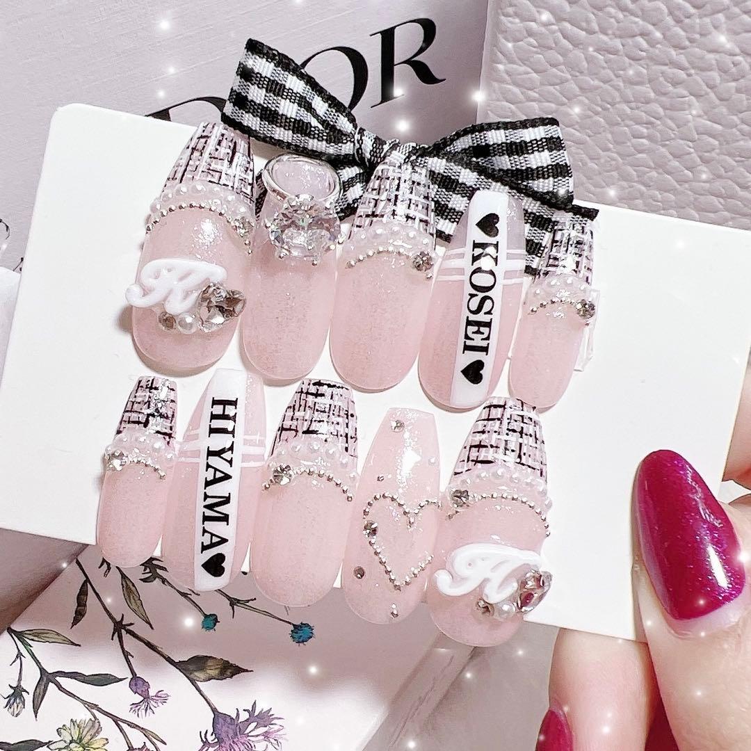 ネイルチップ 量産型 韓国 ワンホン シンプル フレンチ ツイード 地雷