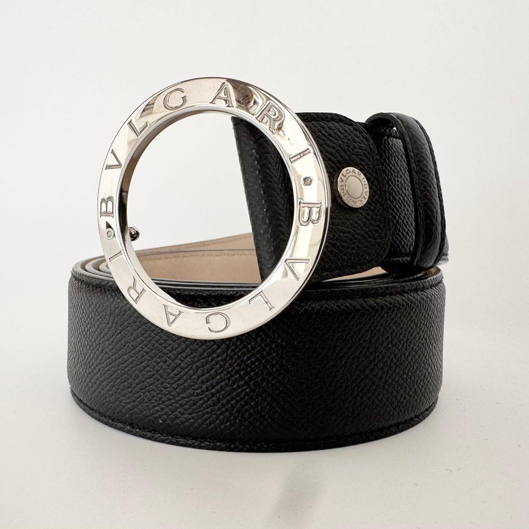 【極美品】BVLGARI サークルロゴ シルバー ベルト レザー ブラック 美品】 ブルガリ ベルト ロゴマニア サークルロゴ シルバー金具