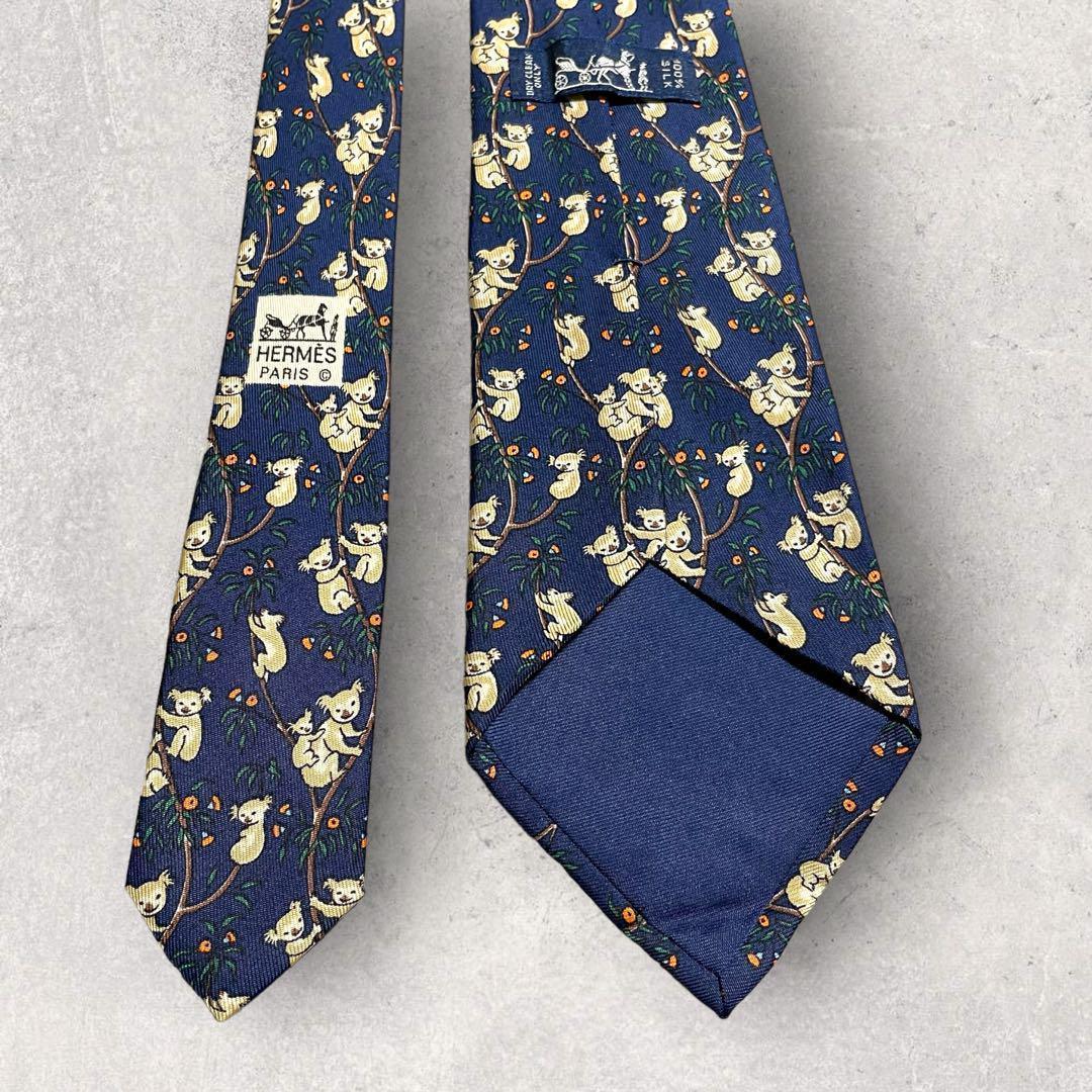 美品 HERMES エルメス コアラ柄 アニマル柄 ネクタイ ネイビー 紺