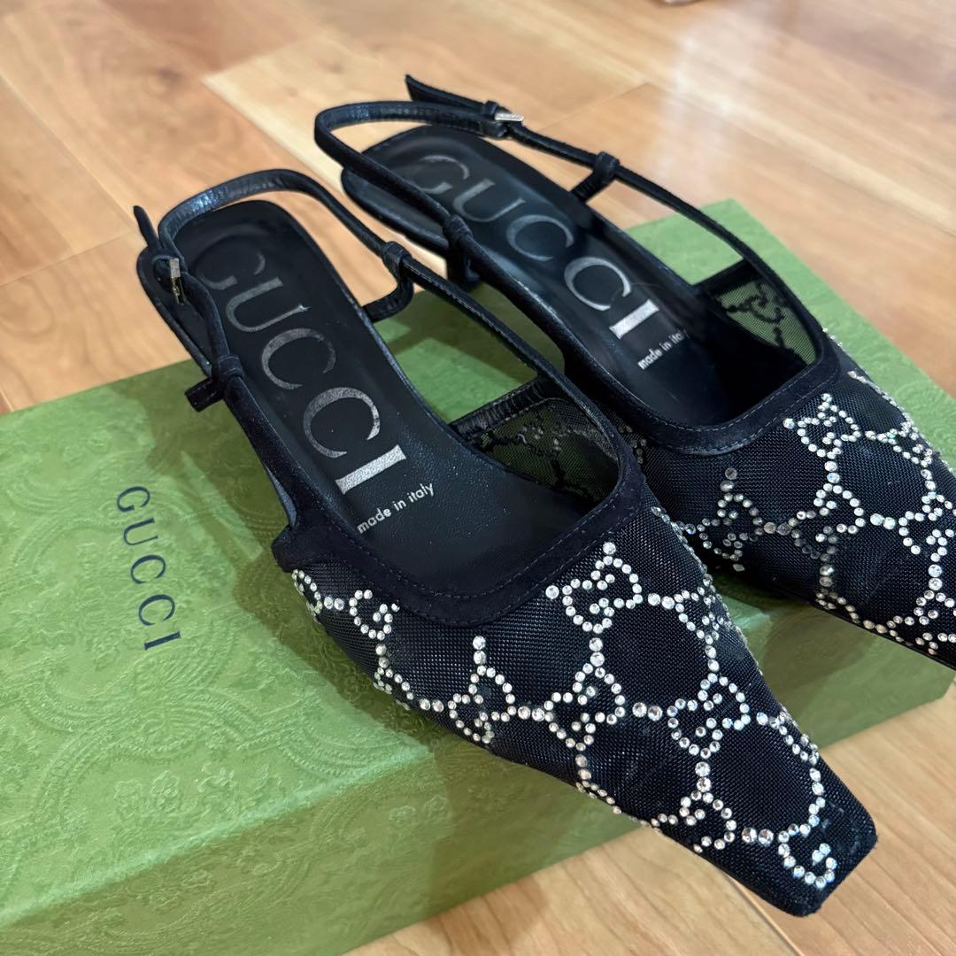 GUCCI GG クリスタル スリングバック パンプス Women's GG crystal slingback pump in Rosso Ancora mesh | GUCCI® US