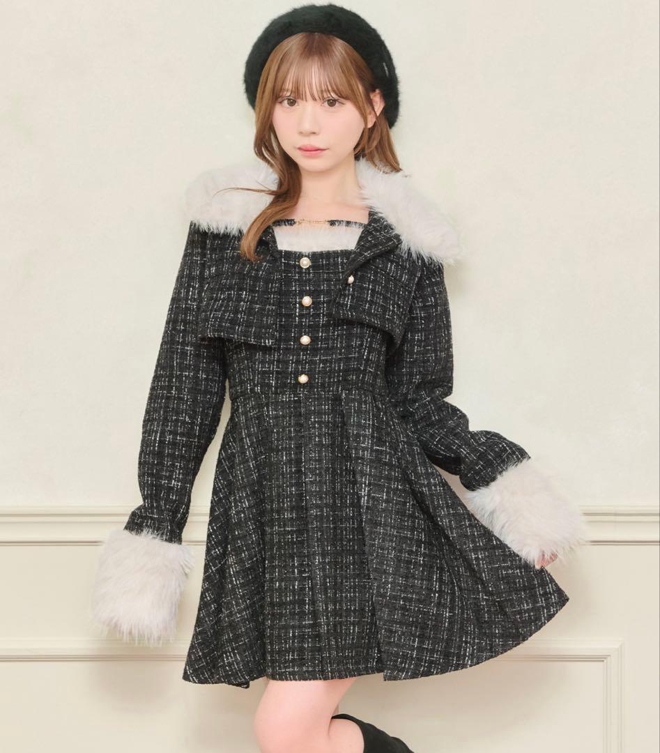 【セット着用可能】ファー付きツイードミニキャミワンピースとジャケット2点セット セット着用可能】ファー付きツイードミニキャミワンピース ショート