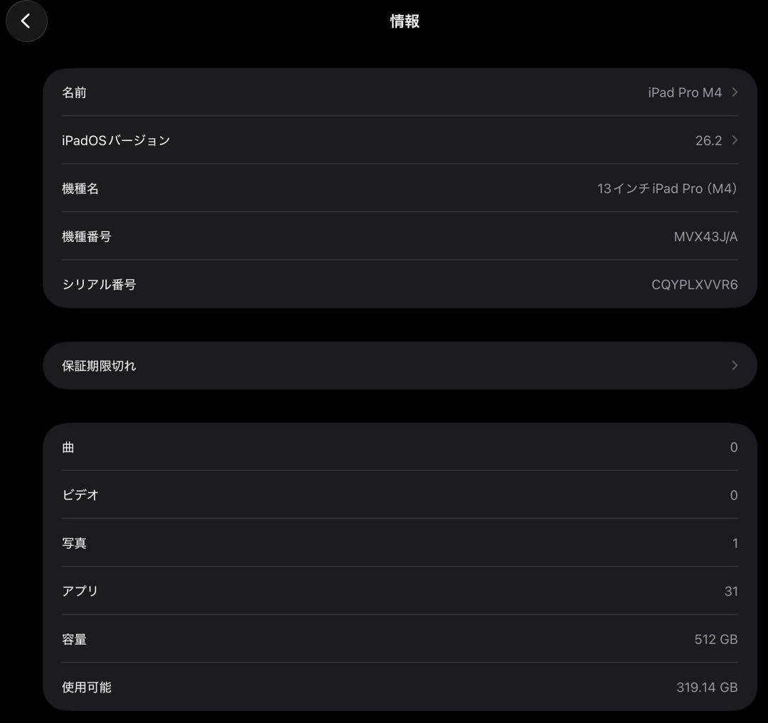 iPad Pro 13インチ M4 512GB 最大容量100%