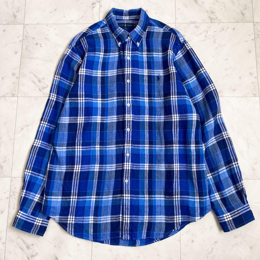 美品✨ラルフローレン チェック柄リネン100%BD長袖シャツ 麻 ブルー XL