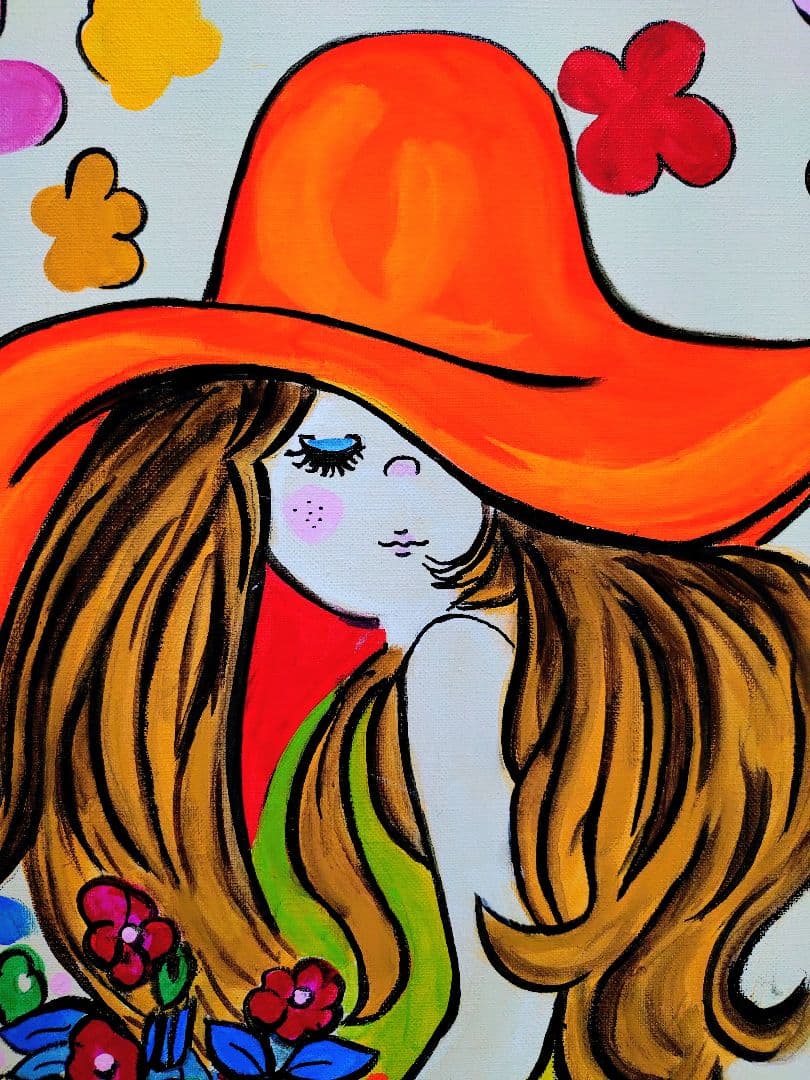 F6号】水森亜土 手描き作品/表裏サイン・裏描き有/油彩/アクリル/額縁