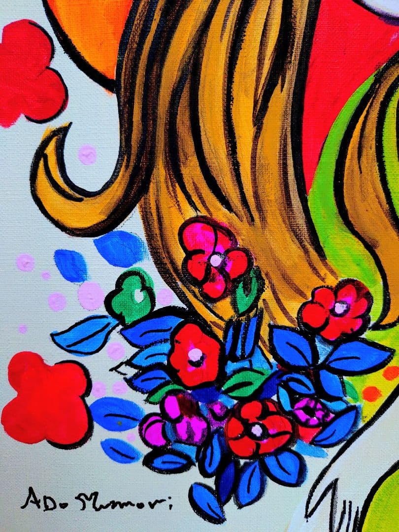 F6号】水森亜土 手描き作品/表裏サイン・裏描き有/油彩/アクリル/額縁