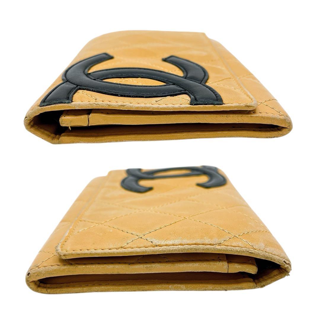 良品 シャネル カンボンライン ココマーク 二つ折り財布 ベージュ 黒