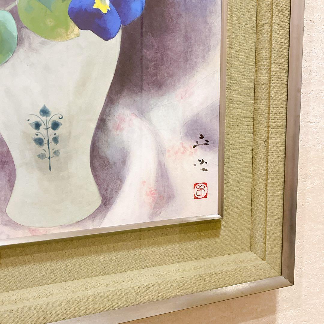 肉筆 落款印有【共シール有・真作保証】F10号 小川立夫 『春の花』額装