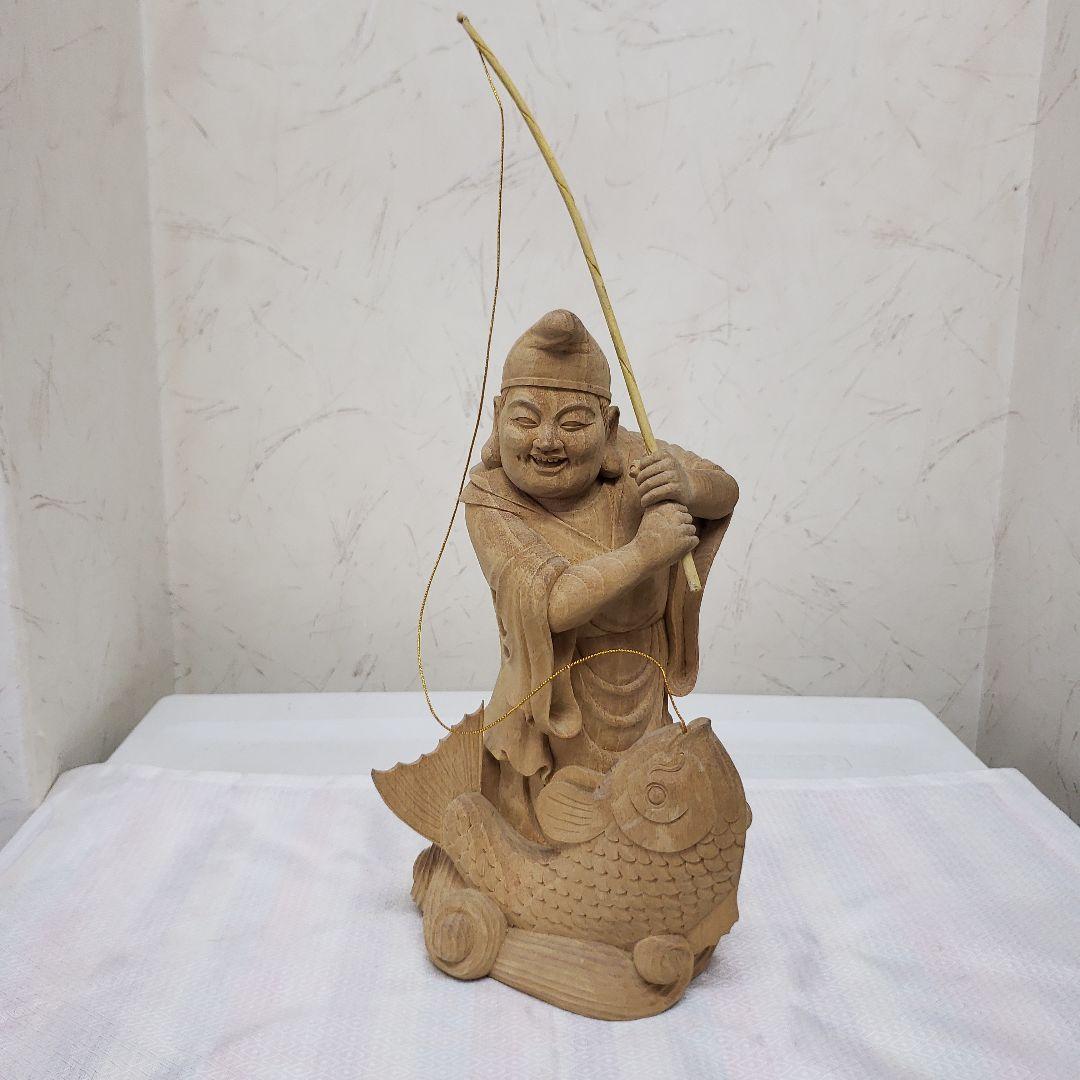 Bフライデー蔵出し特価縁起物七福神楠材恵比寿像えべっさん身丈23cm棹