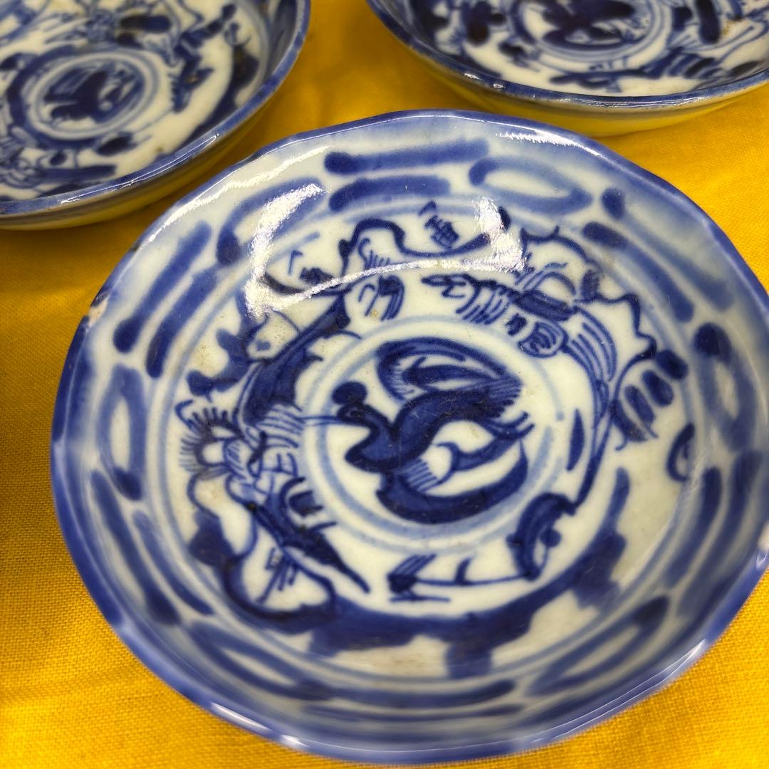 中国美術 染付皿 五客 鶴図