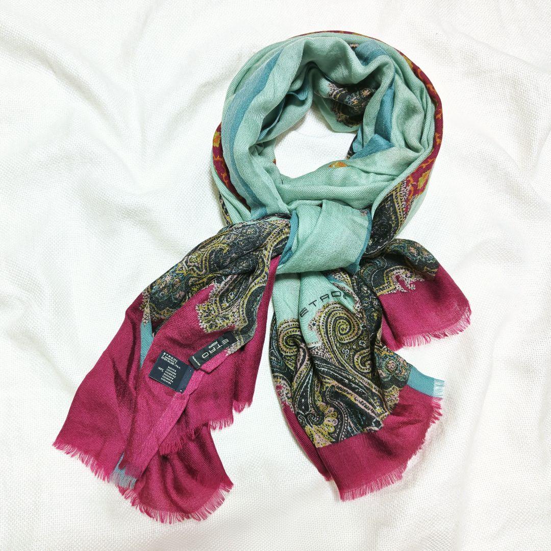 エトロETROカシミヤ100%ペイズリー柄フリンジ大判ストールマフラー紫