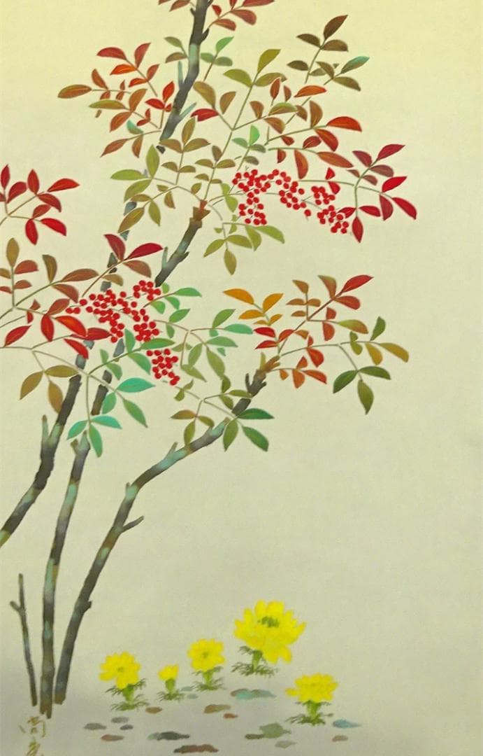 掛軸 小川尚堂『南天に福寿草図』日本画 絹本 肉筆 共箱付 掛け軸