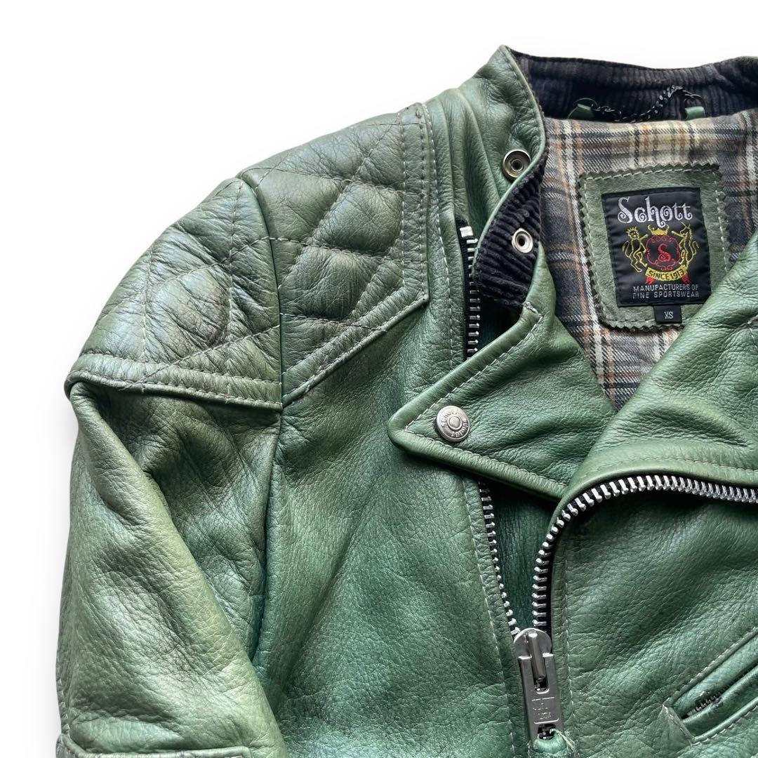 Schott クラシックレーサー グリーン レザーダブルライダース