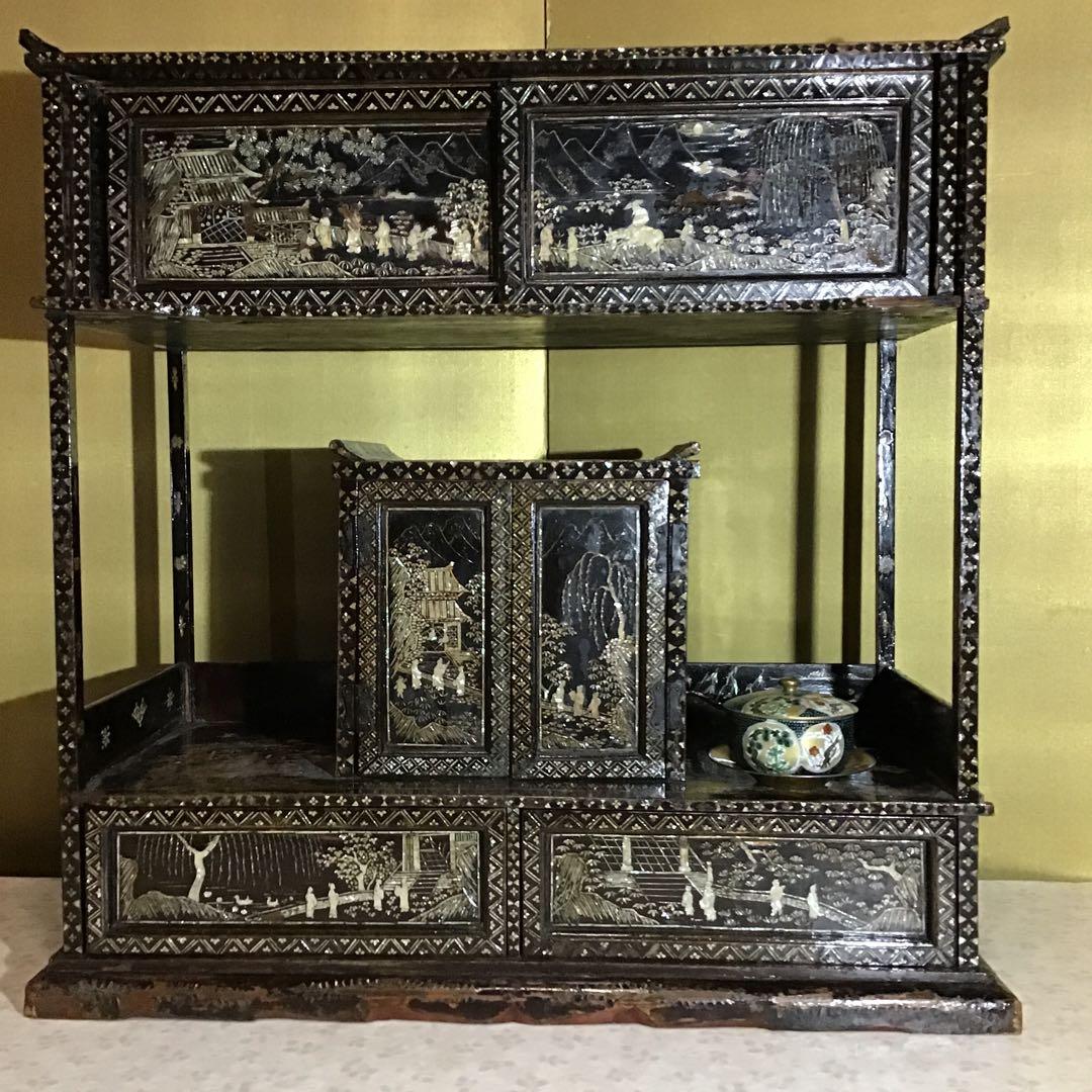 極細密螺鈿　小型　棚　江戸期 蒔絵 小違棚 江戸初期 | 古美術ささき