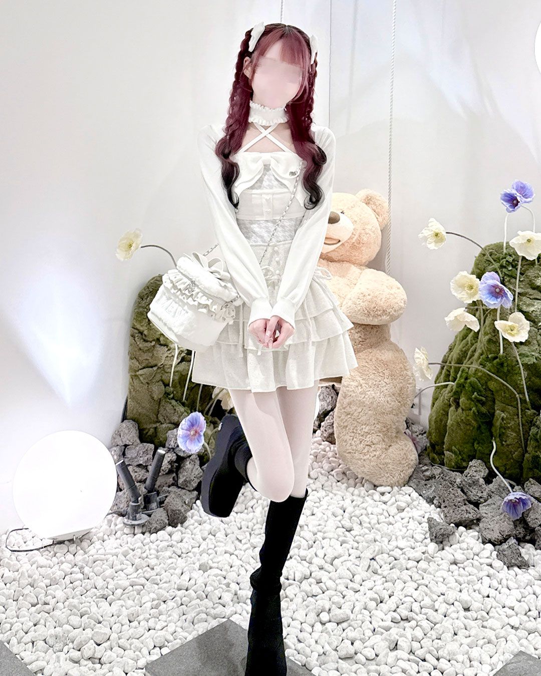 チョーカー付きビッグリボンアンサンブルトップス サックスブルー