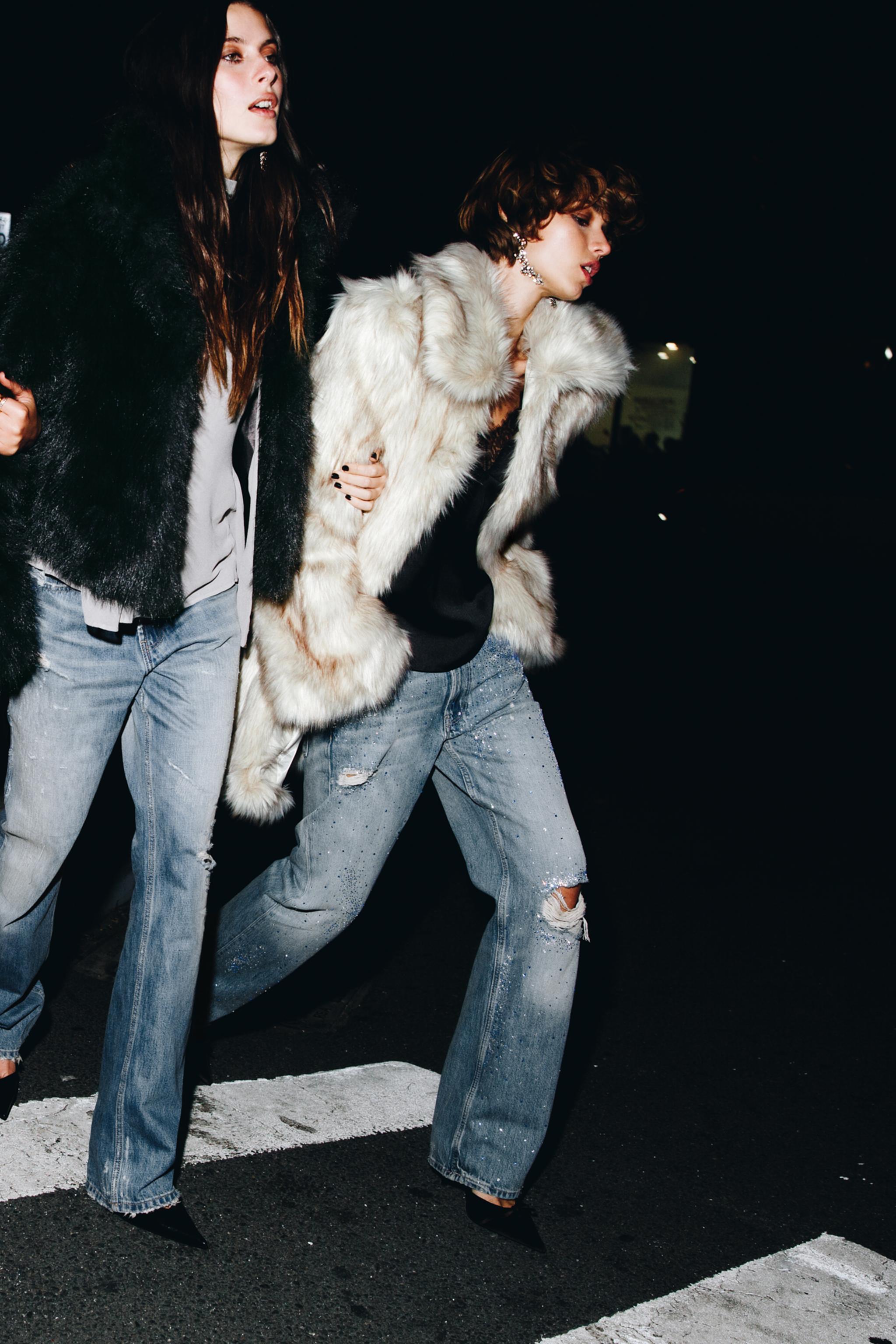 ZARA ダメージ加工 ラインストーン ワイドレッグ デニムパンツ 36 新品